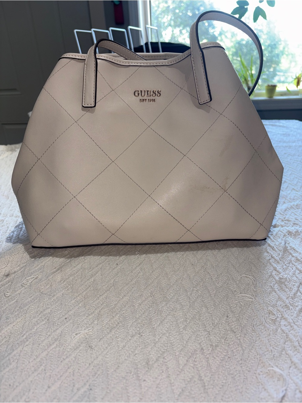GUESS Cream Quilted Tote with Gold Logo Accent